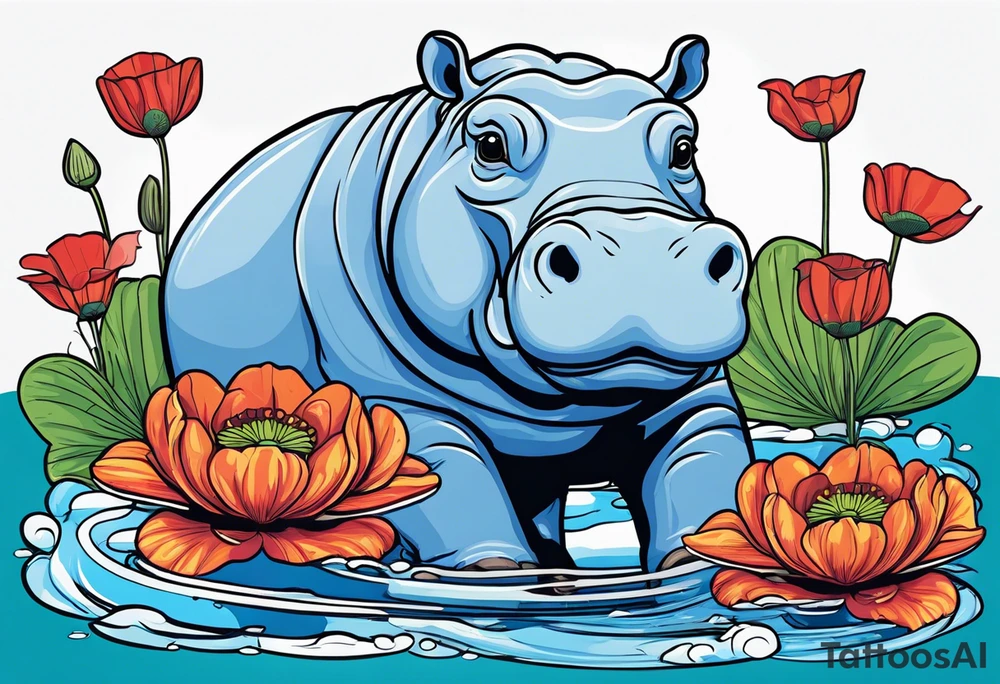 Hippopotamus, poppies, water lilies, tattoo idea
