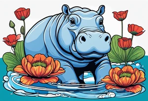 Hippopotamus, poppies, water lilies, tattoo idea