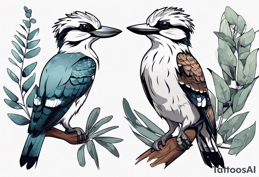 Cartoon kookaburra sitting on wattle and eucalyptus leaves tattoo idea