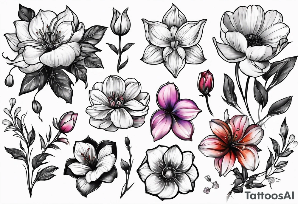 January, February, April, June, July, September birth flower tattoo idea