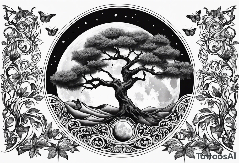Tree of life moon and butterfly tattoo idea