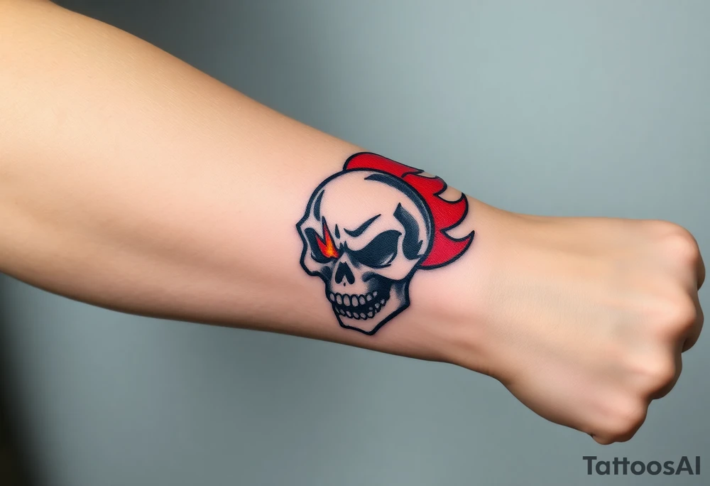 A fierce skull with flames emerging from its eyes, painted in black and red, representing aggression and power tattoo idea