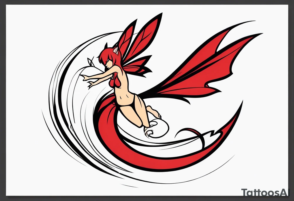 A fairy with a tail inspired by the logo of the show called Fairy Tail in a fetal position leaning in tattoo idea