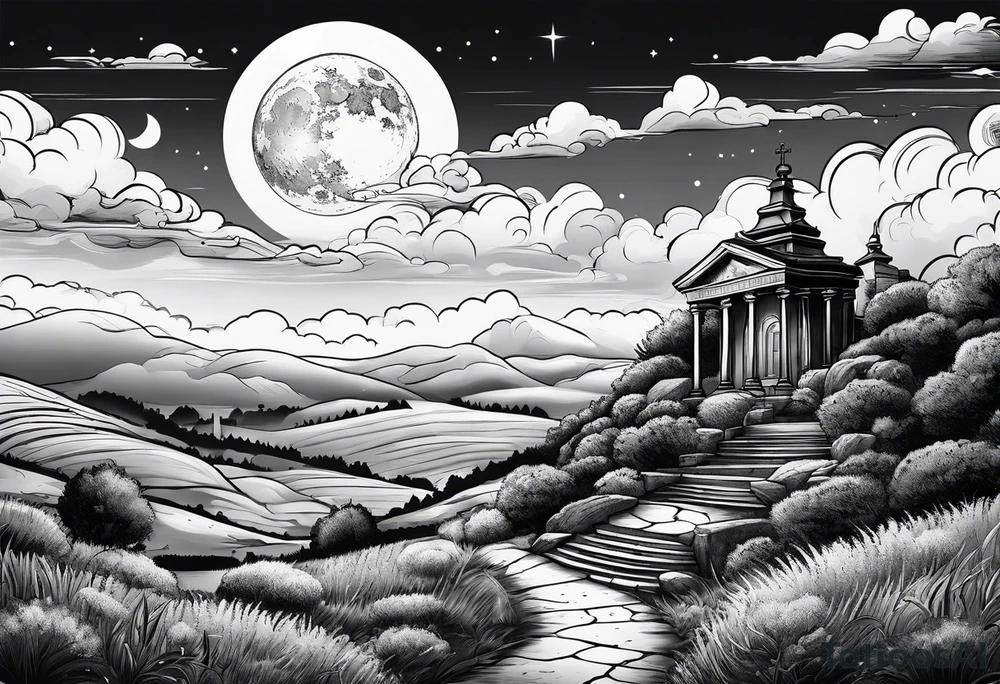Cemetery on hills with clouds and moon tattoo idea