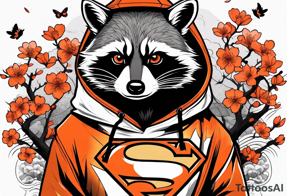 raccoon wearing a black and white Superman hoodie and orange Japanese cherry blossoms tattoo idea