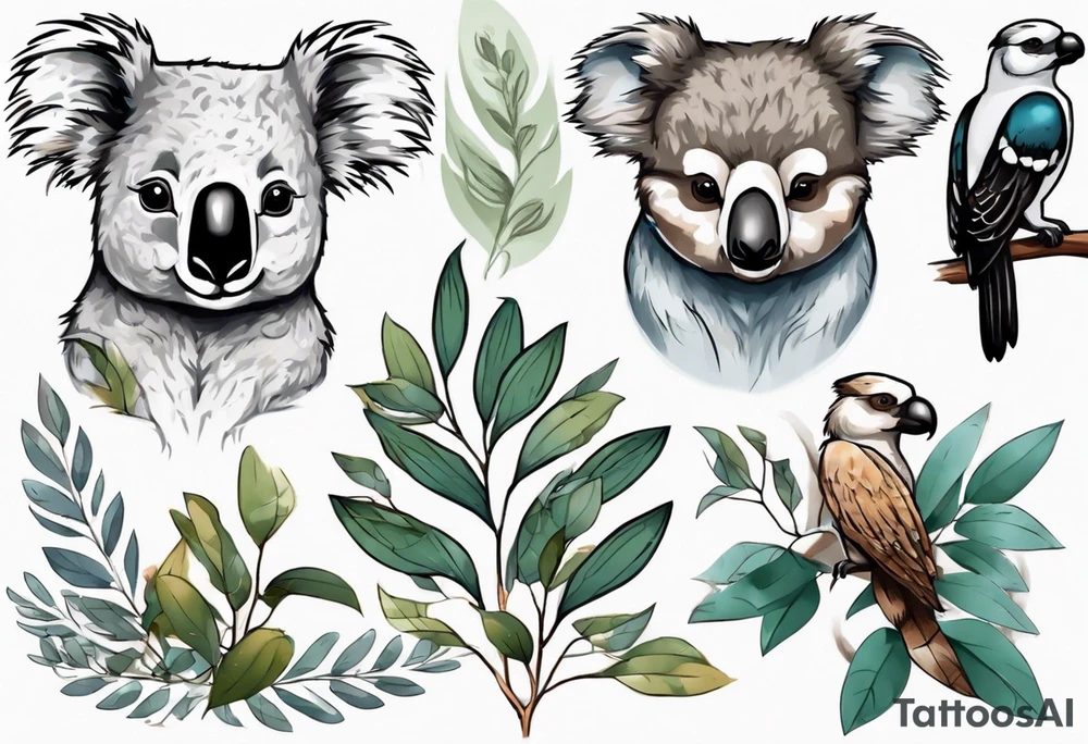 A koala with a kookaburra with eucalyptus leaves and wattle leaves tattoo idea