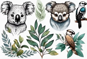 A koala with a kookaburra with eucalyptus leaves and wattle leaves tattoo idea
