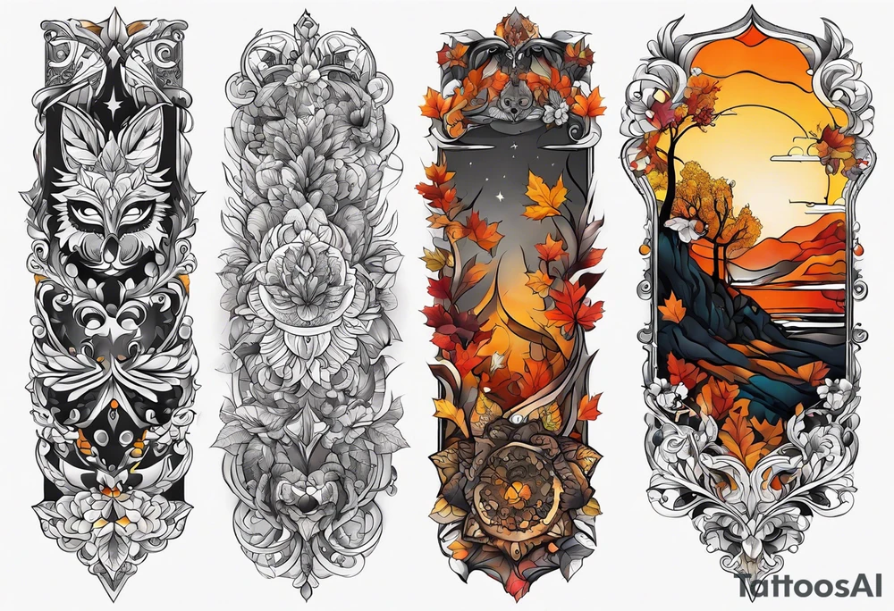 Arm Sleeve Tattoo with fall colors flat tattoo idea
