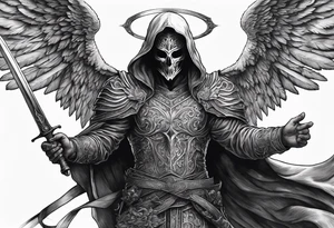 realistic angel of death, man, full body, no face visible, holding one sword, sword pointing downwards, both hands are holding the sword tattoo idea