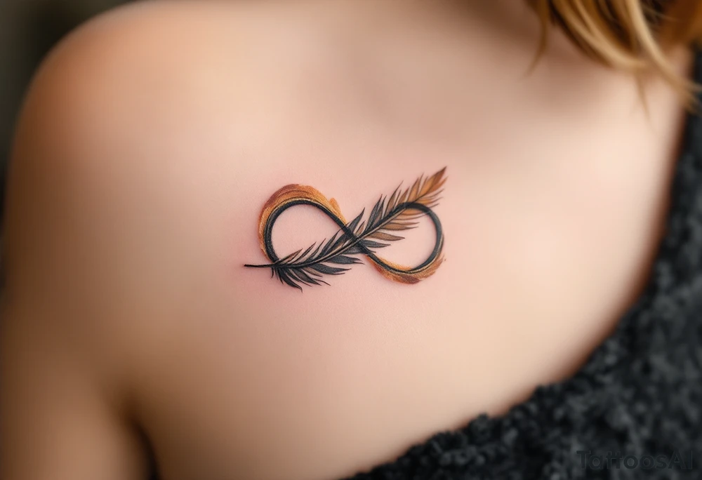 A feathered infinity design, with soft brown and gold hues, resembling the texture of delicate bird feathers. tattoo idea