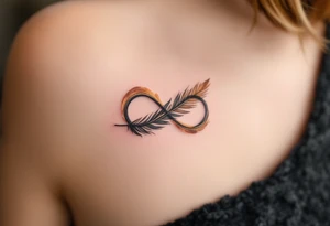 A feathered infinity design, with soft brown and gold hues, resembling the texture of delicate bird feathers. tattoo idea