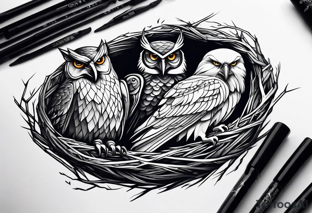 Owl, raven, eagle cuddled in a nest, birdseye view tattoo idea