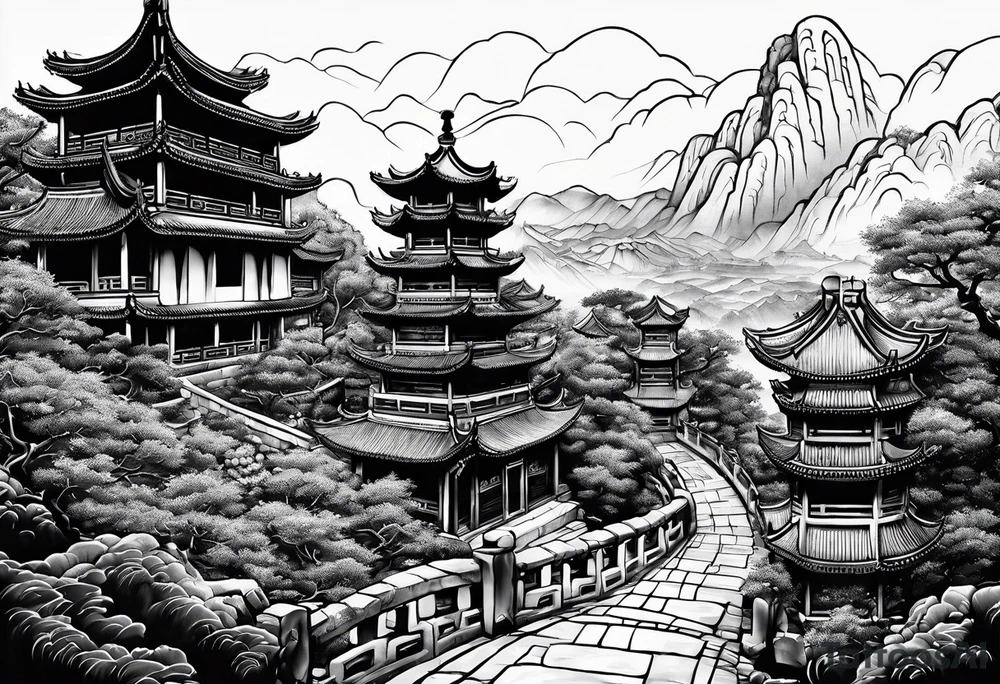 Chinese wall, realistic,chinese art, buildings, surroundings tattoo idea