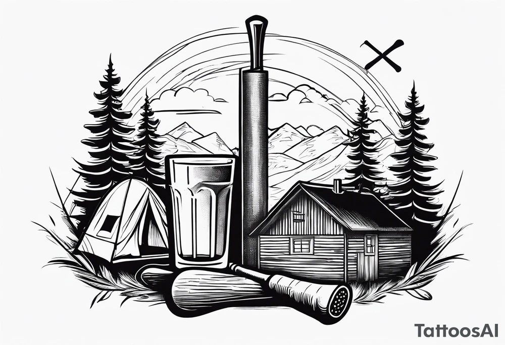 cross with whiskey glass, golf club, camp fire and cabin in the quandrants tattoo idea