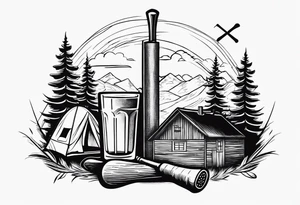 cross with whiskey glass, golf club, camp fire and cabin in the quandrants tattoo idea