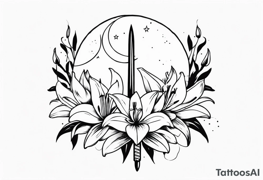 Moon , sword , lilies tattoo idea