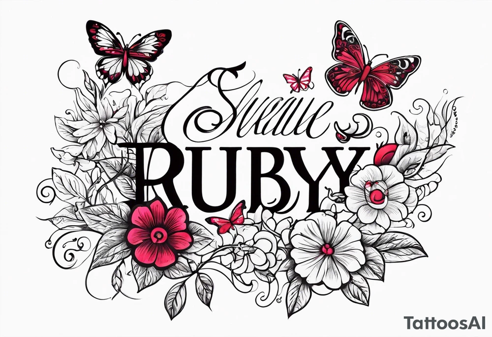 Flowers with "Ruby" and butterflies around it tattoo idea Flowers with "Ruby" and butterflies around it tattoo idea