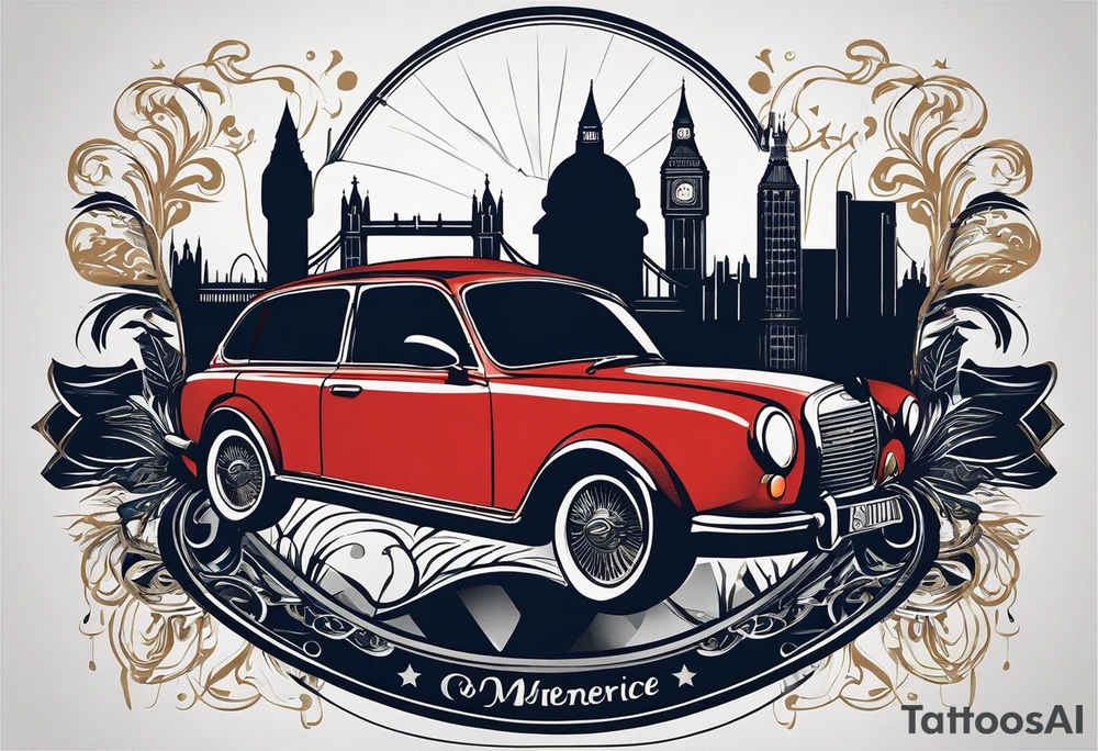 A minimalistic, abstract design capturing the architectural essence and vibe of London. Key elements of London’s skyline and structure are hinted at with clean lines, and subtle detailing includes personal touches, like a nod to Feid’s signature look (hat, glasses, mustache), integrated discreetly to honor a memorable concert experience. tattoo idea