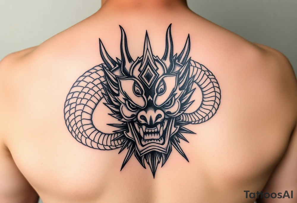 Divine dragon destroying a evil oni mask tattoo idea