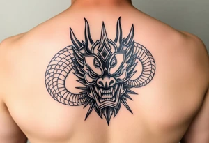 Divine dragon destroying a evil oni mask tattoo idea