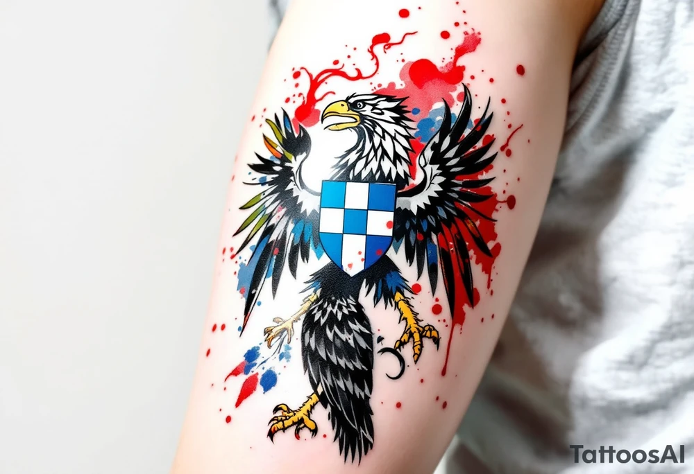 A modernized version of the existing coat of arms with a sleeker, minimalist design while keeping the red and white Bohemian lion, the Moravian checkered eagle (blue and white), and the Silesian black eagle on gold. tattoo idea