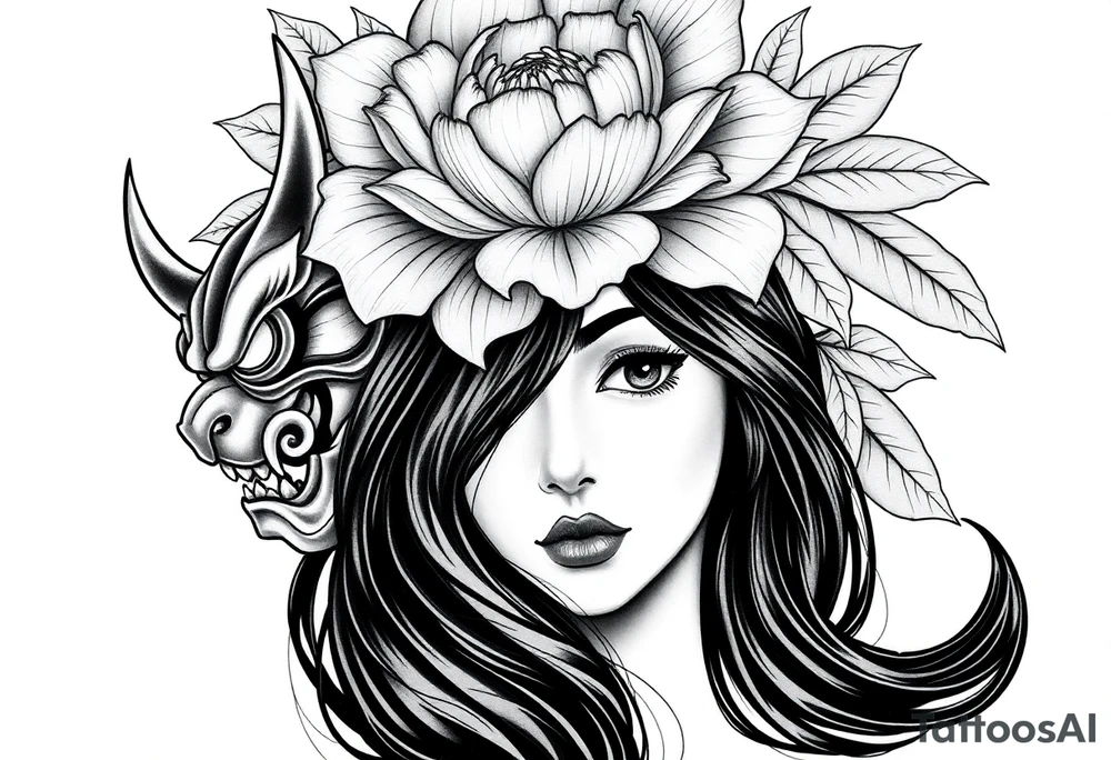 black-and-grey tattoo-style design that blends multiple symbolic elements into one cohesive piece.
At the center is a woman’s face, rendered with delicate shading and lifelike detail. Her expression is calm and contemplative, her eyes soft yet intense, drawing the viewer’s focus. Flowing black hair frames her face and cascades downward, contrasting against the lighter tones around her.
On the left side of her face, her features transition seamlessly into a Japanese Oni mask. The mask is fierce and dramatic, with sharp angles, a snarling mouth, and an intimidating eye, embodying power, danger, and hidden darkness. This creates a dramatic duality — half beauty, half demon — representing the contrast between inner peace and inner struggle, or perhaps the balance of light and dark within a person.
Above the head, there is a large, blooming peony flower surrounded by bold, layered leaves. The peony, a traditional motif in Japanese tattoo art, symbolizes beauty, honor, wealth, and resilience. Its detailed petals soften the intensity of the Oni mask and add elegance to the design.
Wrapping around the composition is a thick rope, a common feature in Japanese art that often signifies binding, strength, or fate. It weaves through the mask, flowers, and around the woman, visually tying the elements together.
At the bottom, more floral details balance the composition, with another blooming flower integrated beneath the mask and woman’s chin, completing the design with harmony and flow. tattoo idea