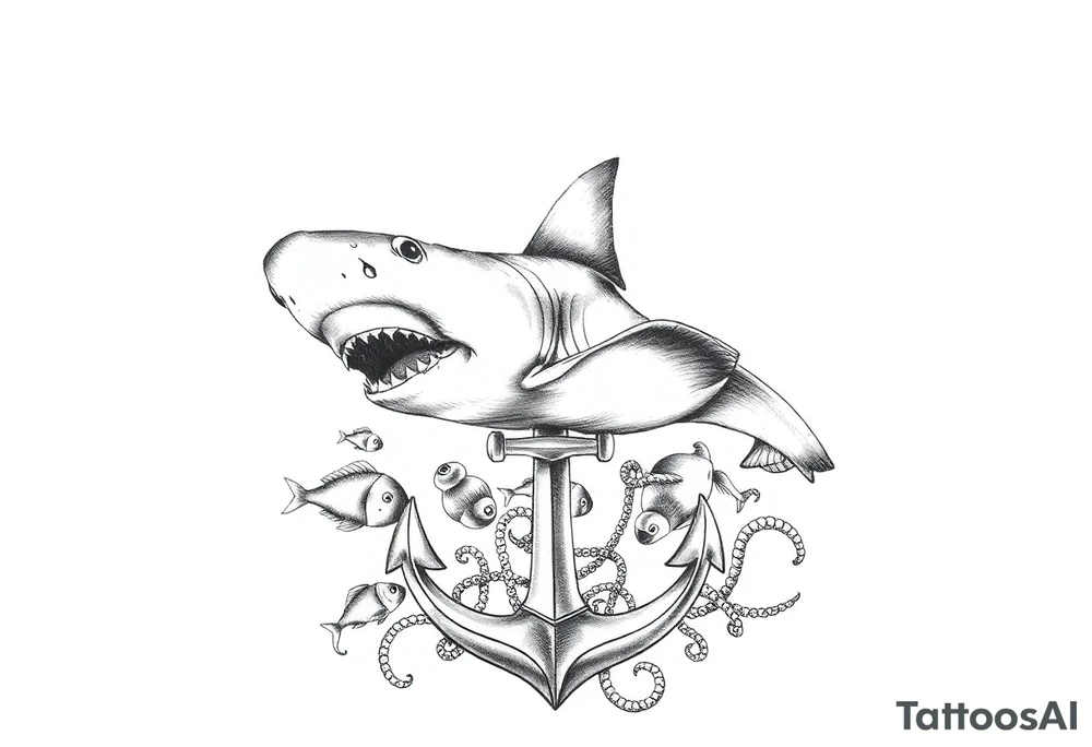 a hammerhead shark, under it an anchor,fishes,jellyfisches,octopus. tattoo idea