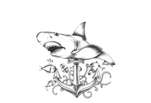 a hammerhead shark, under it an anchor,fishes,jellyfisches,octopus. tattoo idea