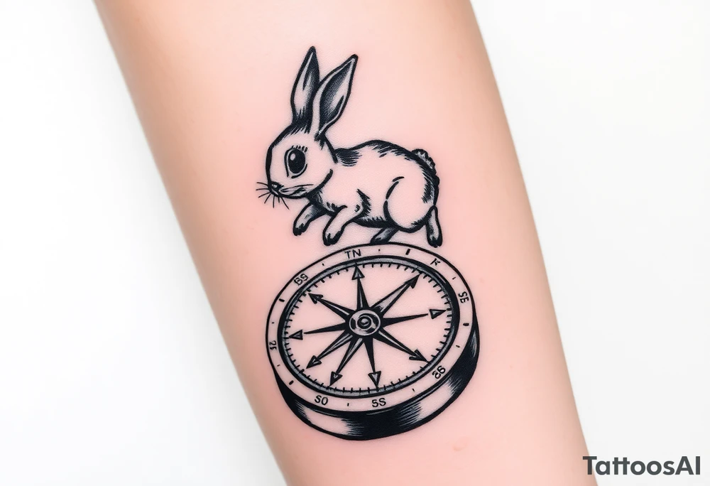 Small Rabbit jumping on top the compass that looks like a rabbit hole. tattoo idea