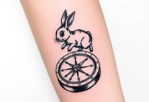 Small Rabbit jumping on top the compass that looks like a rabbit hole. tattoo idea