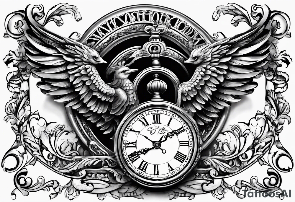 Caduceus with clock at 4:09 and remember to live in latin tattoo idea