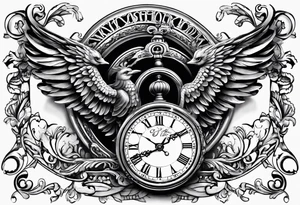 Caduceus with clock at 4:09 and remember to live in latin tattoo idea