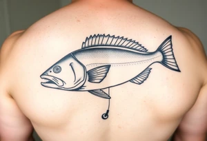 A halibut on a flishing line with a down rigger out kn the ocean tattoo idea