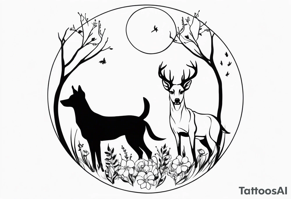 Hunting dog an deer next to each other, circle around the tattoo with flowers tattoo idea