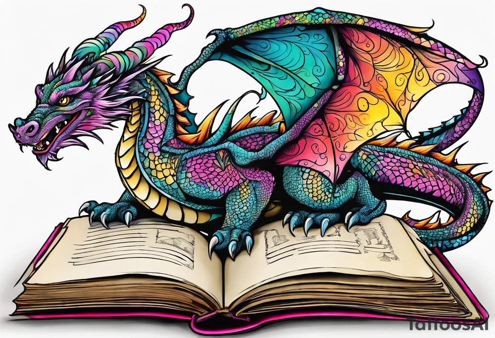 Open book, coming to life, whimsical, dragons tattoo idea