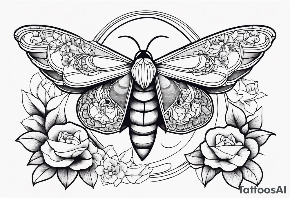 Moth, moon, snake, flowers tattoo idea