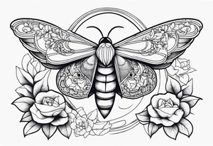 Moth, moon, snake, flowers tattoo idea