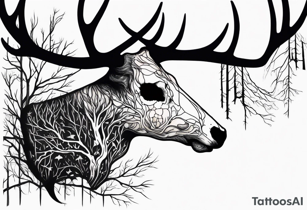 A side profile of decayed deer skull surrounded by trees and fire tattoo idea