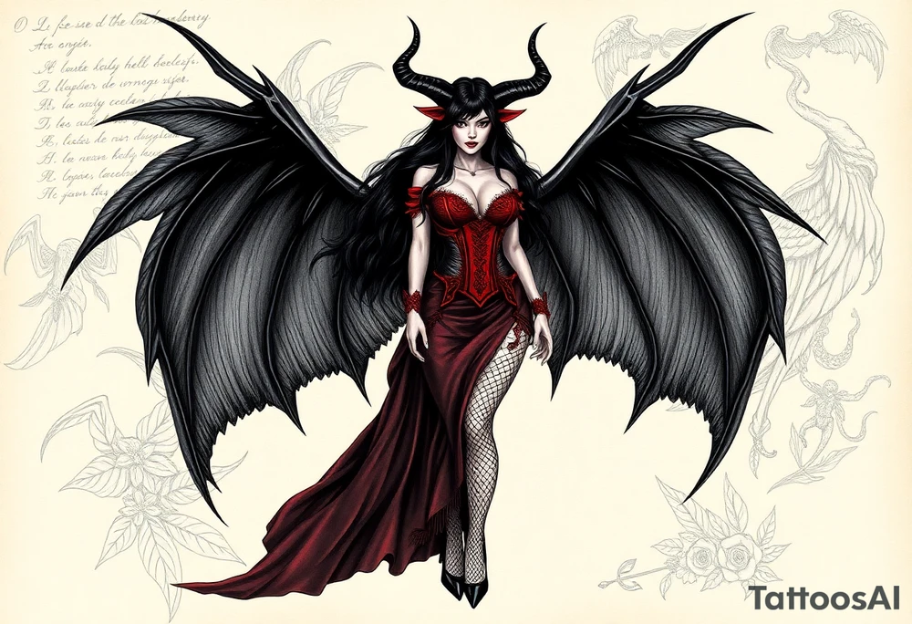 🔥 Image 1: Dark Demon Woman Tattoo Design

A seductive demoness with long black hair and sharp black horns stands confidently. She has large, leathery black wings with spiked edges extending from her back. Her outfit is a gothic corset-style dress with red accents and lace, combined with fishnet stockings and high heels. Her overall aura is dark, powerful, and alluring, blending elegance with danger. The background looks like a magical grimoire page, with handwritten runes and sketches of demonic wings and figures, giving it a mystical, ancient vibe.

Keywords: demon woman, succubus, gothic wings, red-black corset, dark fantasy, seductive devil, horned female, tattoo sketchbook

⸻

🌟 Image 2: Angelic Woman Tattoo Design

A beautifully detailed pencil sketch of an angelic woman with long flowing hair and magnificent feathered wings. She wears a flowing, nature-inspired gown adorned with floral and leaf patterns, blending elegance and divine femininity. Her expression is serene yet strong. The feathers and fabric flow gracefully around her, creating a sense of lightness and movement. The black-and-white pencil drawing gives it a timeless, classical tattoo appeal.

Keywords: angel woman, divine beauty, feathered wings, floral gown, feminine strength, heavenly figure, pencil sketch, classic tattoo tattoo idea