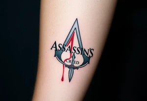 Assassins Creed logo with English flag and a sword with blood, no writing tattoo idea