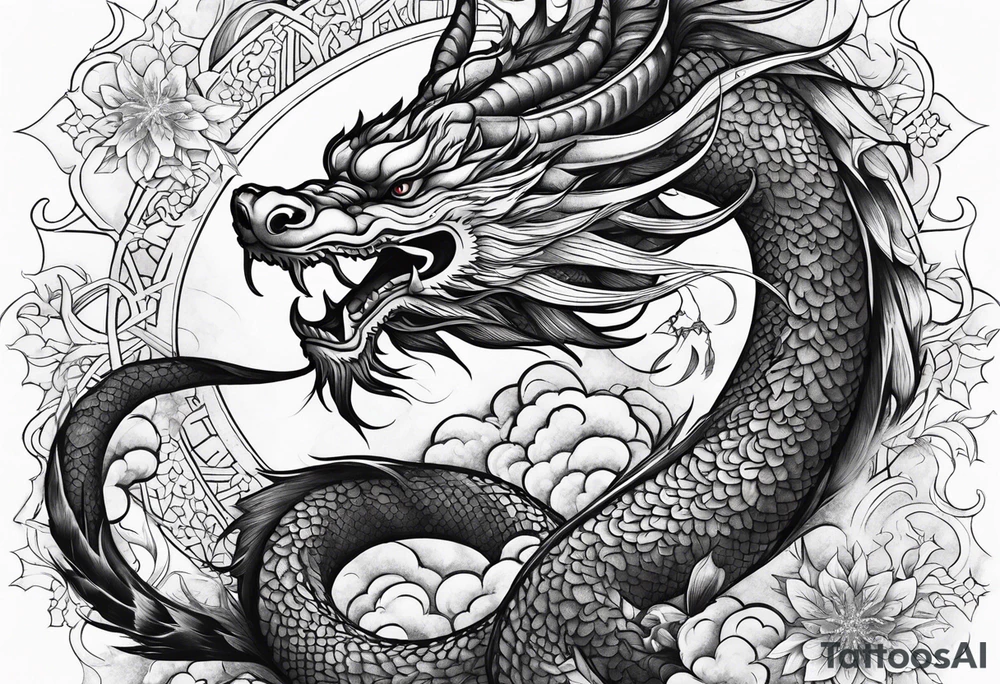 japanese dragon, celestial, cross, snowflake tattoo idea