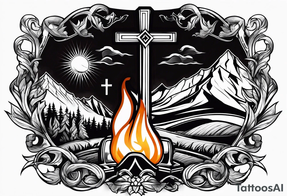 christian 
cross; campfire, golf, campfire, whiskey glass tattoo idea