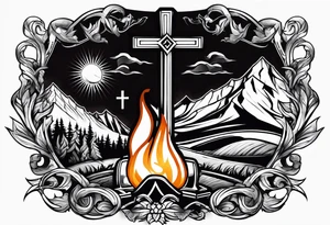 christian 
cross; campfire, golf, campfire, whiskey glass tattoo idea