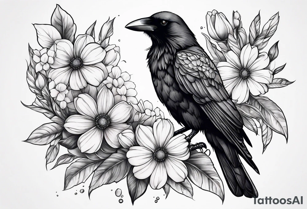 crow and flowers half sleeve tattoo idea