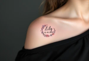 Lily 12. 03. 2022) – A delicate rose pink and lavender floral design encircles Lily's birthdate in elegant cursive, with tiny gold accents around the numbers. tattoo idea