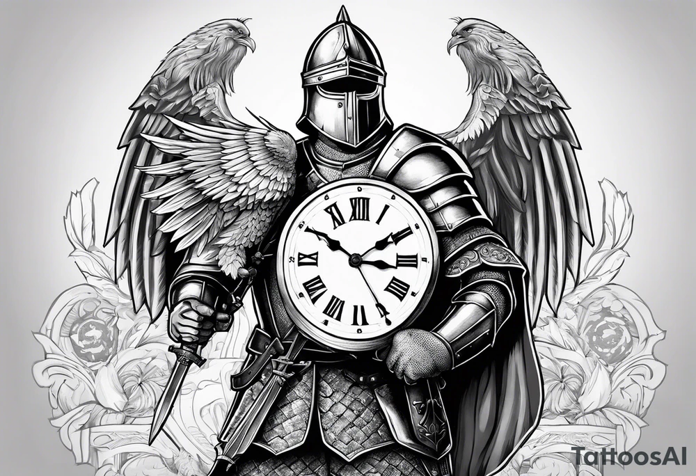 Serbian knight holding a shield with the Serbian eagle in the shield with a clock around him tattoo idea