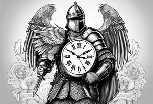 Serbian knight holding a shield with the Serbian eagle in the shield with a clock around him tattoo idea