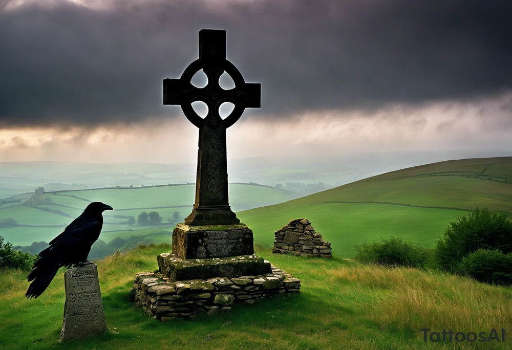A stone Celtic cross solemnly standing atop a hill, a raven perches atop the cross staring out over the desolation. A ruined stone wall lies crumbling near the cross. Mist rolls along the hilltops adding to the melancholic nature of the scene. Clouds gather in the distance, obscuring the setting sun tattoo idea