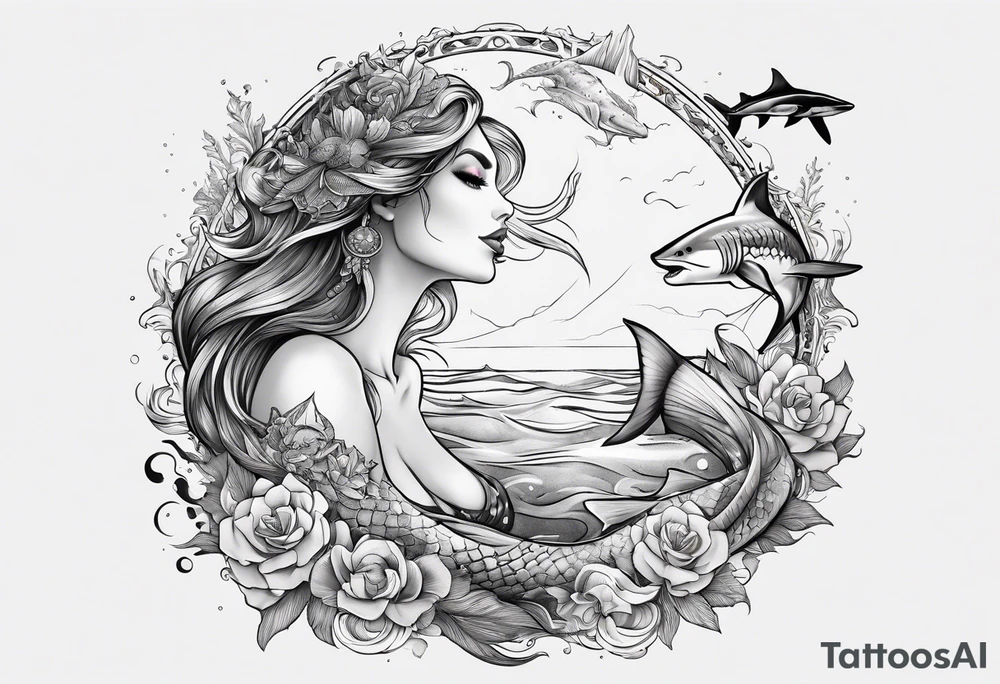 Mermaid with great white shark and tiger shark tattoo idea