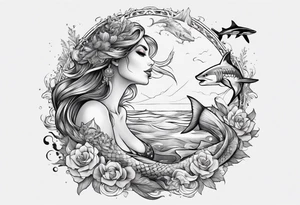 Mermaid with great white shark and tiger shark tattoo idea